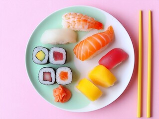 assorted sushi pieces, minimalist arrangement, pink background, japanese food