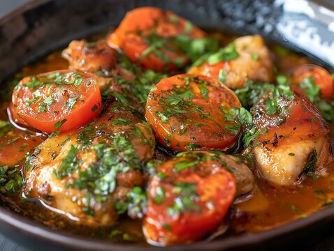roasted chicken with tomatoes and herbs, dark pan, warm lighting, rustic feel