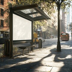 Blank bus stop advertising billboard mockup, sunny day in big city, urban street vibes atmosphere. White banner at bus stop for ad, empty copy space template.	
