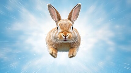 Obraz premium Rabbit is flying through the sky with its head held high. The rabbit is the main focus of the image, and it is enjoying its flight. The sky is blue and clear