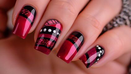 close up red manicure with bright colorful art