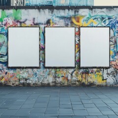 Naklejka premium Mockup of three blank advertising billboards placed on colorful graffiti wall on city street. White empty posters, portrait orientation. Advertising poster template, outdoors