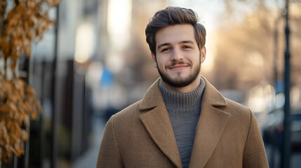 Portrait of young man with beard, camel coat, turtleneck sweater, urban background