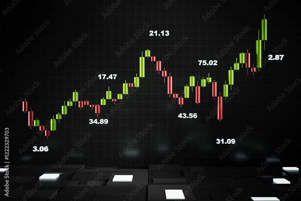 Aufkleber Financial candlestick chart with data displayed on a dark digital background. 3D Rendering