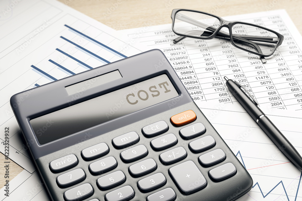 Poster Calculator on desk with financial documents and pen, emphasizing cost analysis concept. 3D Rendering