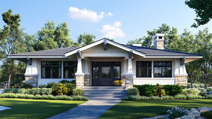 modern white craftsman style home with stone columns and lush greenery