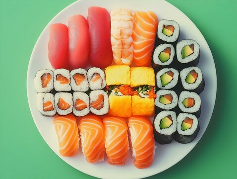 assorted sushi, various rolls and nigiri, bright colors, green plate