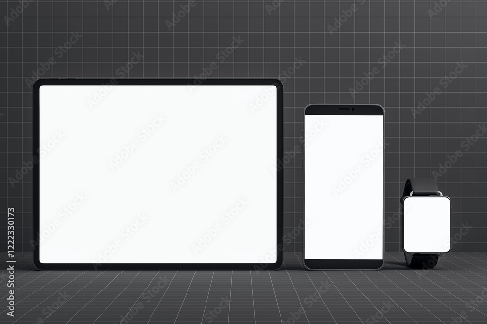 Poster digital devices set with blank screens, including tablet, smartphone, and smartwatch, displayed on g