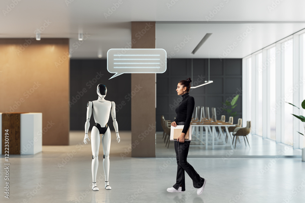 Poster interaction between a futuristic robot and a woman holding a notepad in a modern office space.