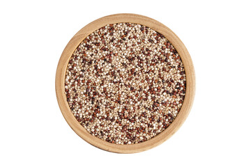 Top view of a wooden bowl filled with colorful quinoa grains, isolated on a white background, perfect for healthy eating and food concepts.