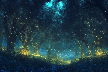 Obraz premium Enchanted forest filled with glowing lights and magical atmosphere at night