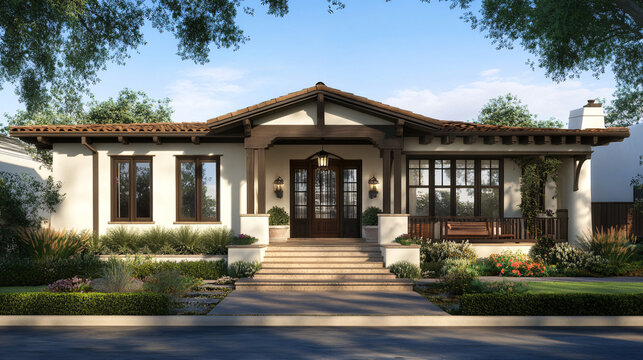 modern mediterranean home with lush landscaping and stone steps