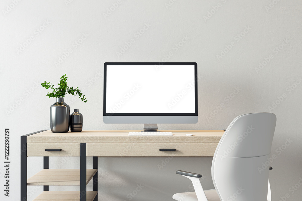 Poster modern desk setup with computer and plant decor on a wooden desk in a minimalist room. 3d rendering