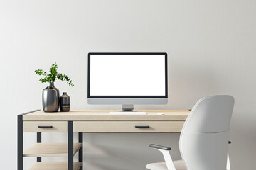 Modern desk setup with computer and plant decor on a wooden desk in a minimalist room. 3D Rendering