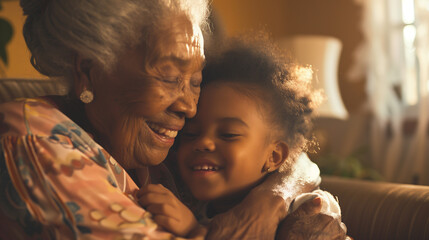 Portrait of happy grandmother and granddaughter hugging seating on sofa at home