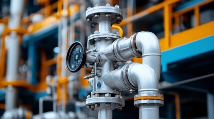 Close-up of industrial piping system with pressure gauge in a modern facility, showcasing machinery