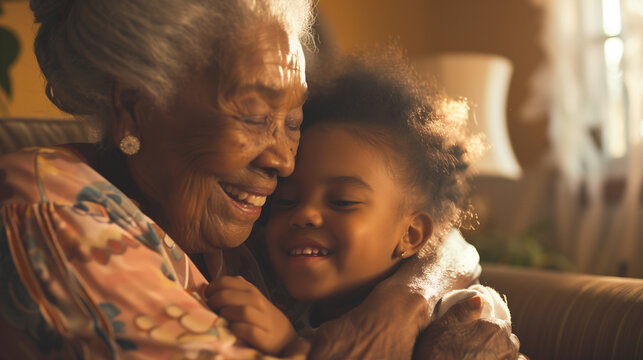 Portrait of happy grandmother and granddaughter hugging seating on sofa at home
