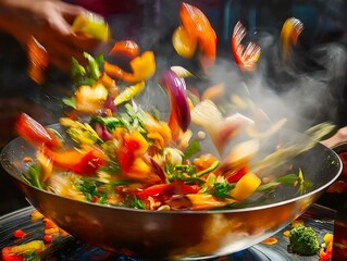 colorful stir fry being tossed in a wok, motion blur, steam, vibrant ingredients
