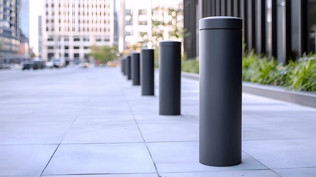 Sleek, matte black bollards line a city sidewalk, creating a modern urban landscape.  A glimpse of city life in the background.