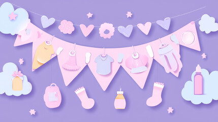Baby girl birthday banner. Vector realistic illustration of pink 3D clouds, infant clothes, tiny feet, bottle, yellow stars and moon on pastel purple background, gender party announcement layout