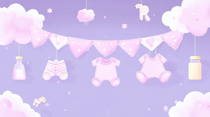Baby girl birthday banner. Vector realistic illustration of pink 3D clouds, infant clothes, tiny feet, bottle, yellow stars and moon on pastel purple background, gender party announcement layout