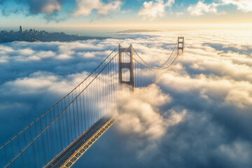 Fototapeta premium Elevated view of a bridge emerging from clouds at sunrise over a mountainous landscape