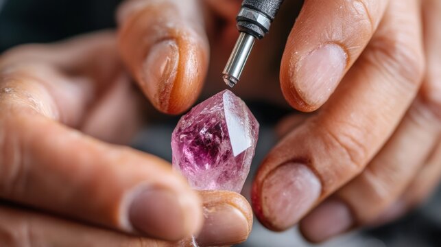 Jewel maker polishing a gemstone, using a small rotary tool with perfect concentration