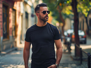 Adult man fashion model wearing black t-shirt smiling outdoor in the city street. Young man portrait