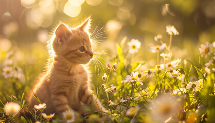 Domestic red ginger orange kitten sitting on grass and flowers background