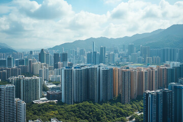 Fototapeta premium Urban skyline reflecting in calm water during late afternoon with clouds in the sky
