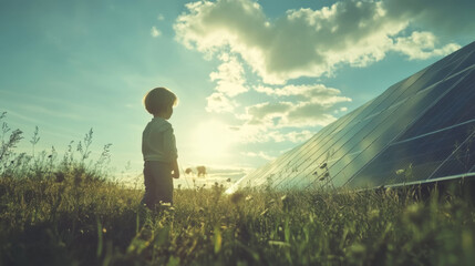 Fototapeta premium Young Boy Admiring Solar Panels at Sunset