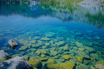 Naklejka premium Breathtaking cosmic landscape featuring serene water and distant mountains during twilight
