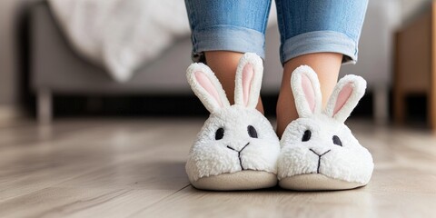  woman wearing bunny house slippers 