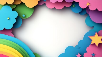 Colorful paper cutout of a rainbow with stars and clouds. The rainbow is in the foreground and the stars and clouds are in the background