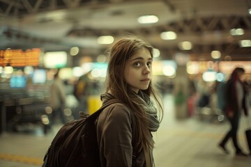 Young Woman with Suitcase Searching for Terminal at the Airport