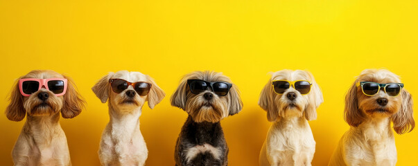 Fototapeta premium Fashionable Dogs in Sunglasses on Yellow Banner