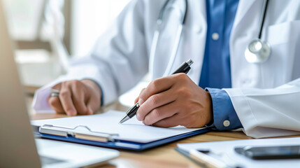 Fototapeta premium Male doctor who takes notes on a tablet, writes a prescription to his patient and makes a diagnosis. Medical education.