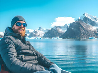 Fototapeta premium A man on a boat with a stunning view of icy mountains and glaciers in the background