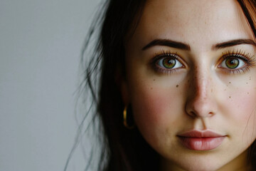 Fototapeta premium Close-up portrait of young woman showing freckles and green eyes with copy space