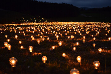 Obraz premium Bright glowing bulbs illuminate a vast field under a starry sky at night in a serene landscape