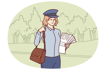 Woman postman delivers newspapers and fresh press with news or letters for residents of city. Young girl in postman cap holds bag for letters or parcels and works in postal service.