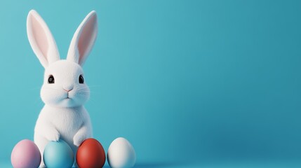 Obraz premium White rabbit is sitting on a blue background with a bunch of Easter eggs. The rabbit is looking at the camera, and the eggs are scattered around it. Concept of playfulness and joy, as the rabbit
