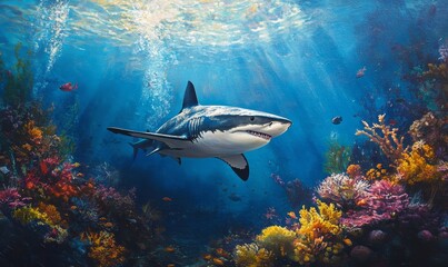 Fototapeta premium White Shark Swims Amid Vibrant Coral Reef, Underwater Marine Wildlife in Blue Ocean, Nature Travel Adventure, Generative AI