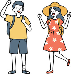 Happy tourists with backpacks on a trip