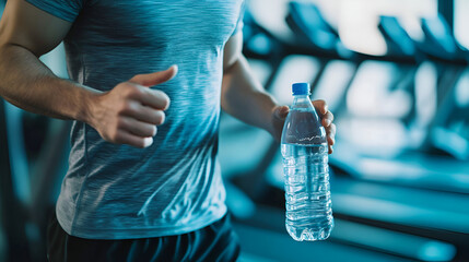 Fitness gym scene with water bottle, treadmill, blue t-shirt, workout atmosphere
