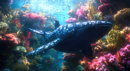 A vibrant coral city filled with glowing sea creatures, bioluminescent plants, and futuristic underwater domes. A massive whale with glowing blue markings swims peacefully above.