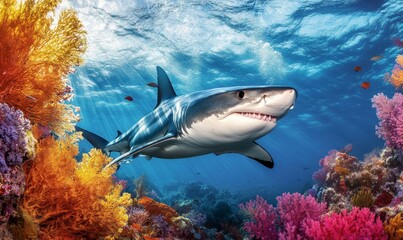 Fototapeta premium White Shark Swims Amid Vibrant Coral Reef, Underwater Marine Wildlife in Blue Ocean, Nature Travel Adventure, Generative AI