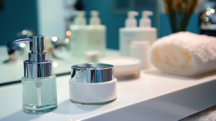Luxury skincare bottles arranged in a clean white bathroom