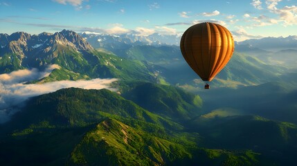 Obraz premium Hot Air Balloon Floating Over Lush Green Mountains in Sunrise Light
