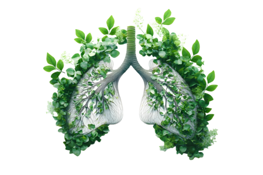 Human lungs made with fresh green plant leaves and herbs on white background. Generative AI
